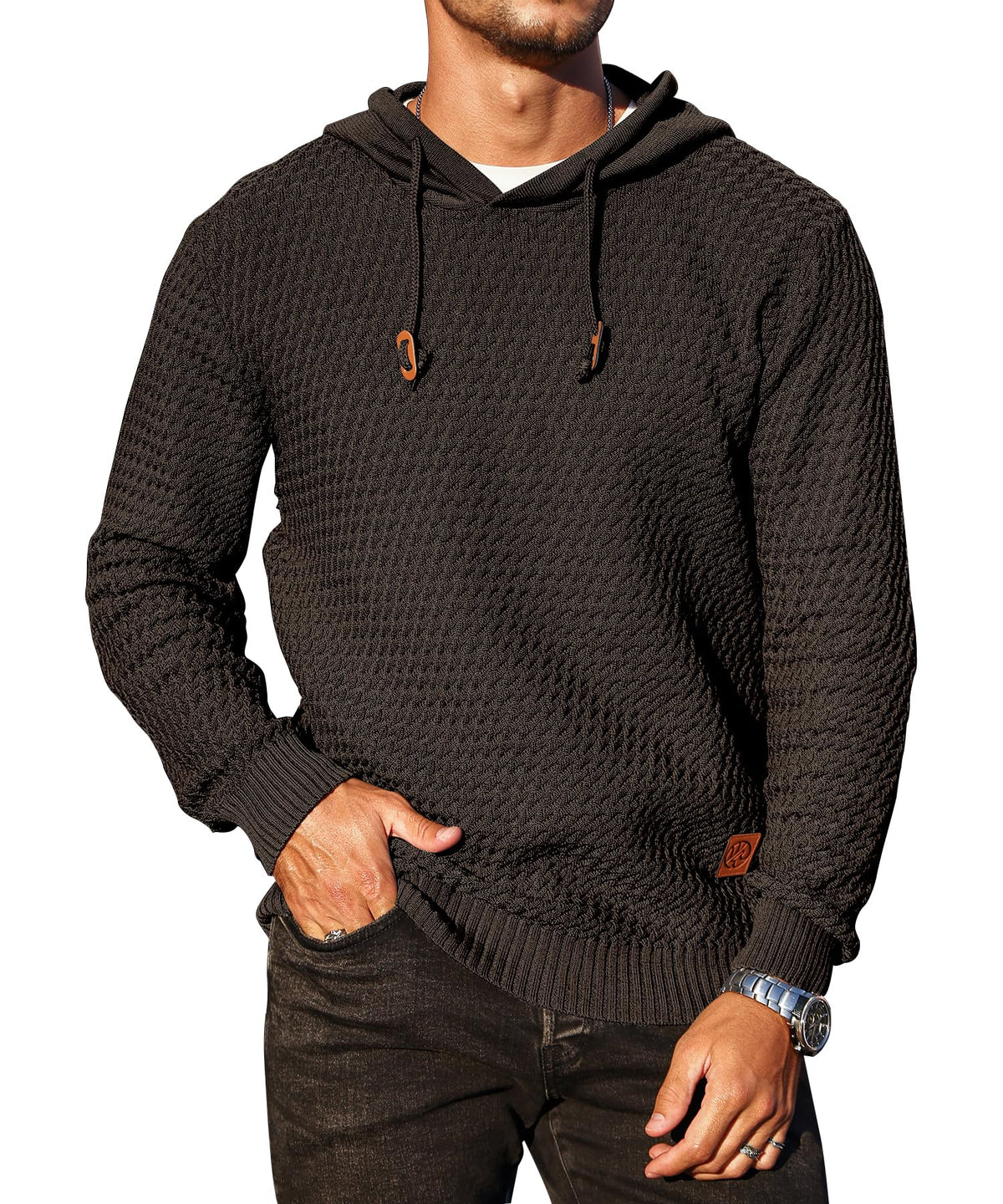Men's Hoodie Pullover Casual Solid Waffle Knit Hooded Sweatshirt