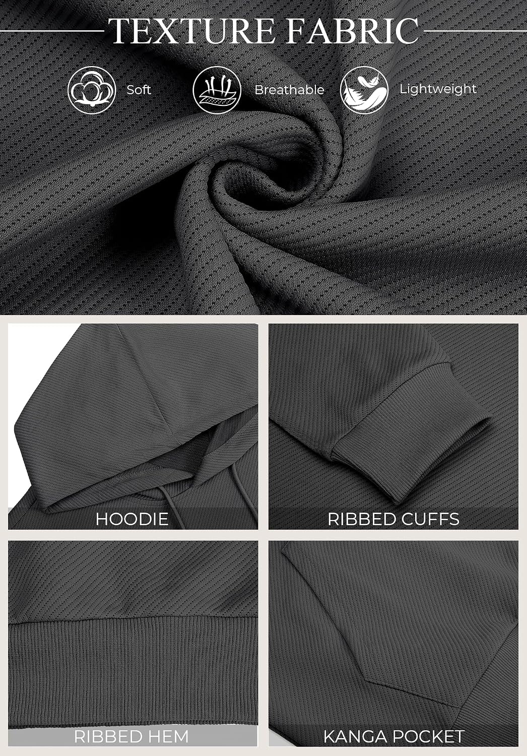 COOFANDY Men's Long Sleeve Hooded Sweatshirt Casual Lightweight Hoodies Pullover Textured Drawstring Hoodie with Kanga Pocket