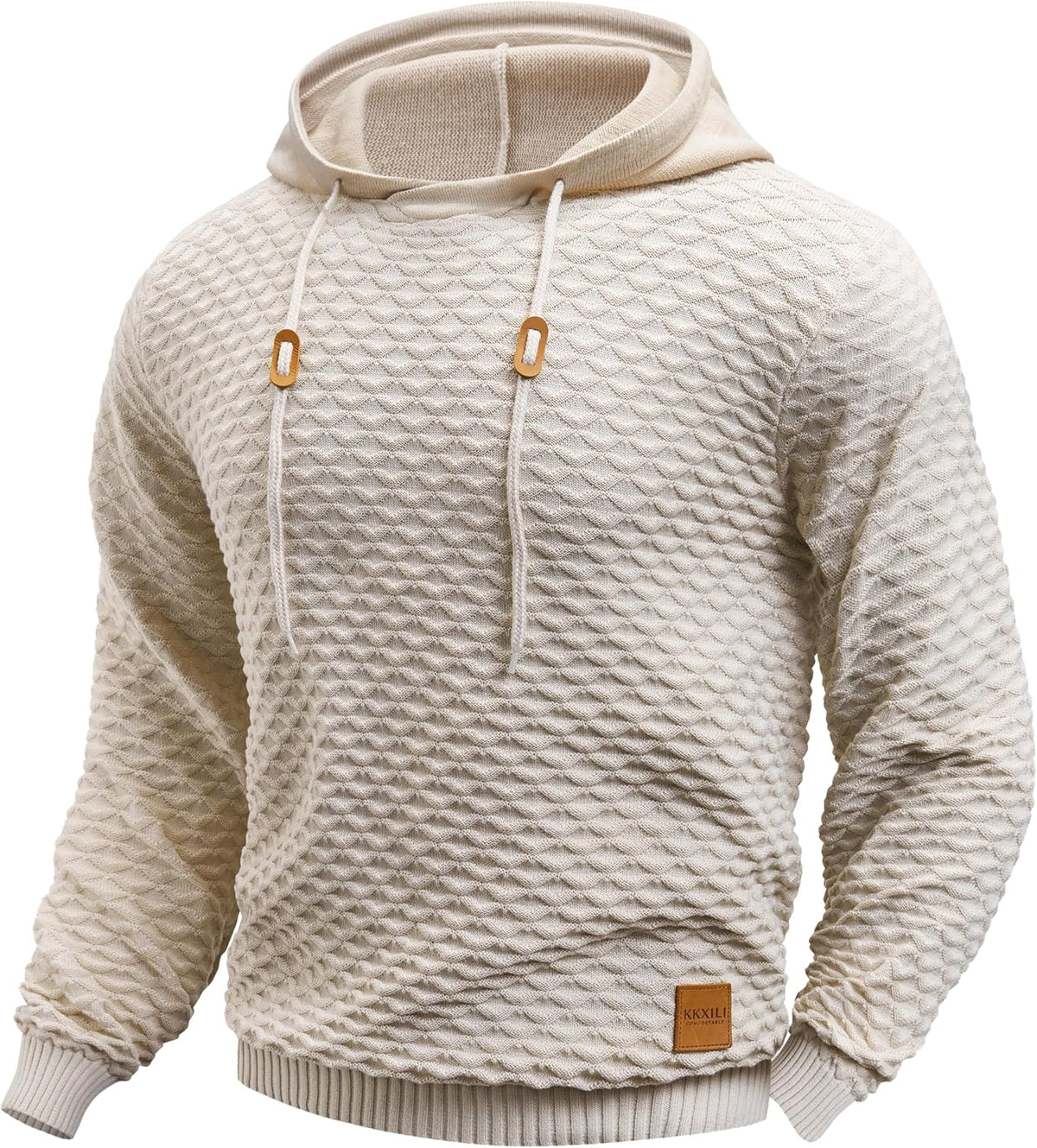 Mens Hooded Sweatshirt Casual Long Sleeve Drawstring Solid Knitted Hoodie Pullover Sweater