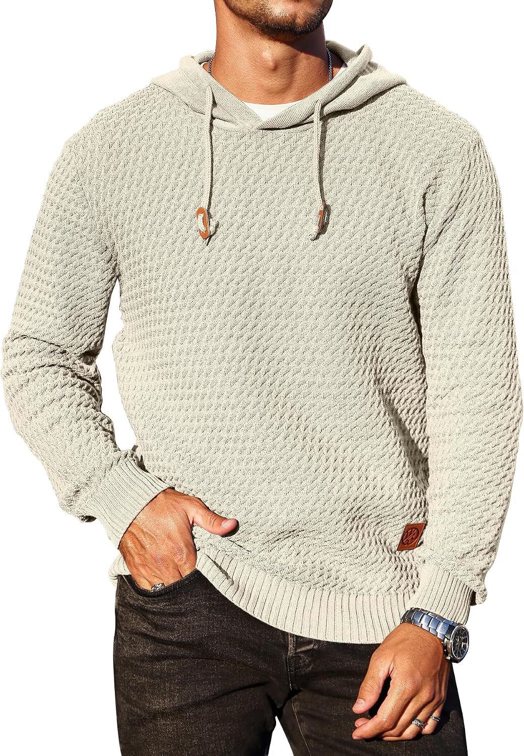 Men's Hoodie Pullover Casual Solid Waffle Knit Hooded Sweatshirt