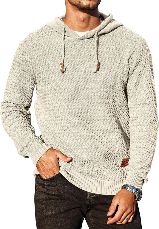 Men's Hoodie Pullover Casual Solid Waffle Knit Hooded Sweatshirt