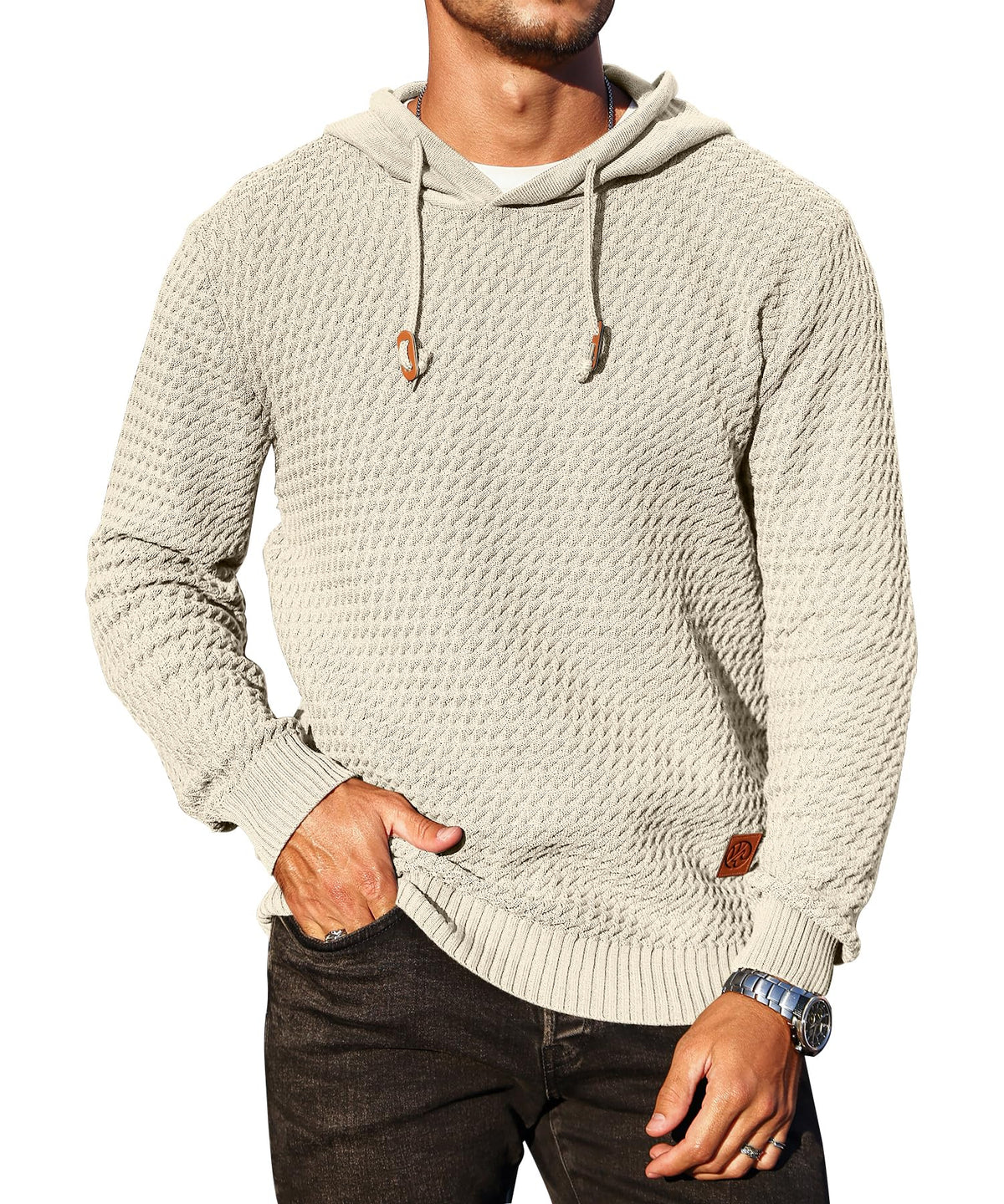 Men's Hoodie Pullover Casual Solid Waffle Knit Hooded Sweatshirt