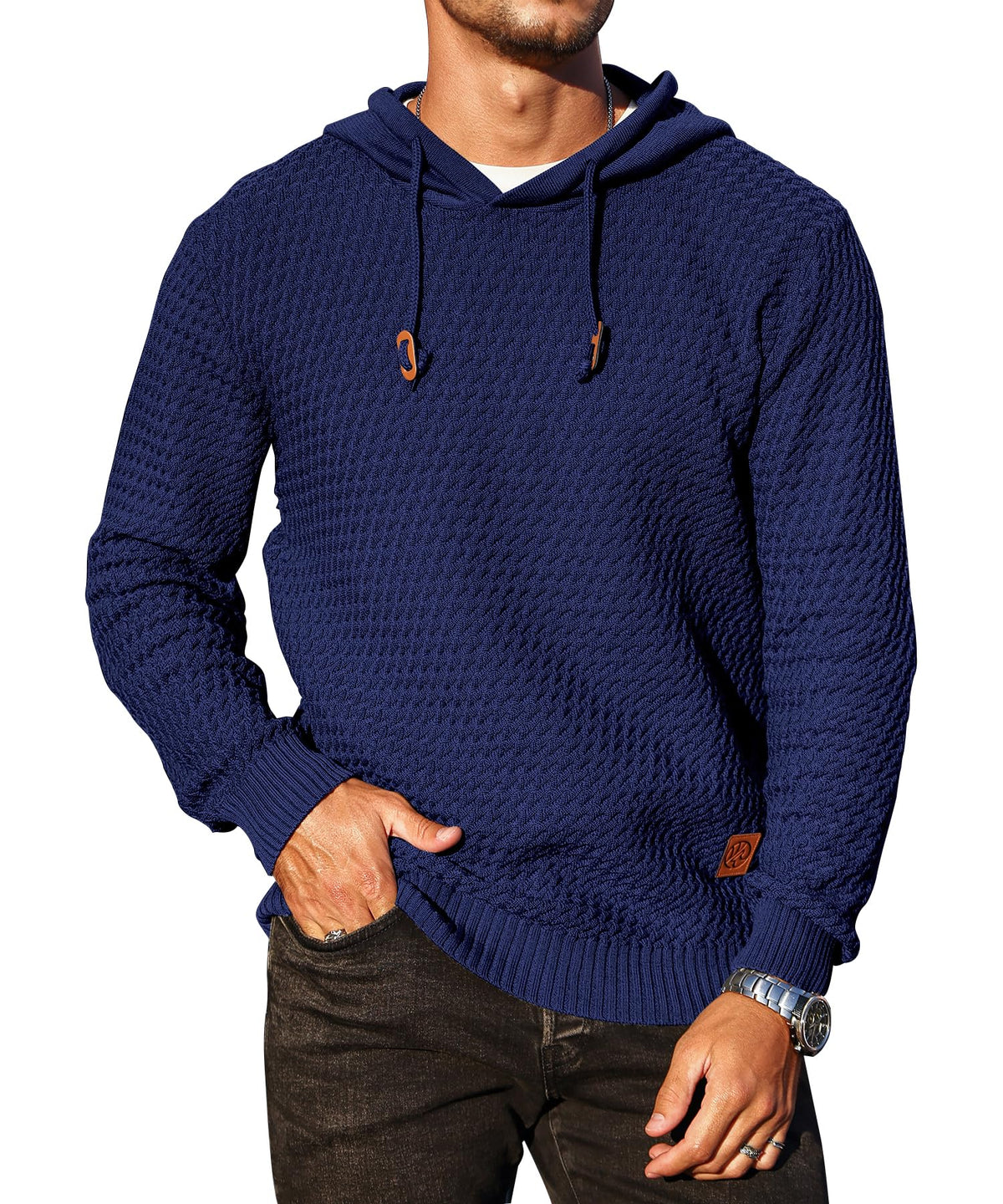 Men's Hoodie Pullover Casual Solid Waffle Knit Hooded Sweatshirt