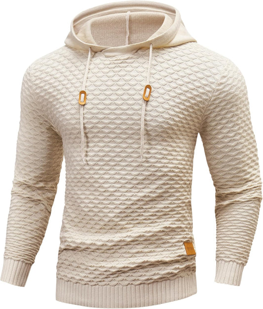 Mens Hooded Sweatshirt Casual Long Sleeve Drawstring Solid Knitted Hoodie Pullover Sweater