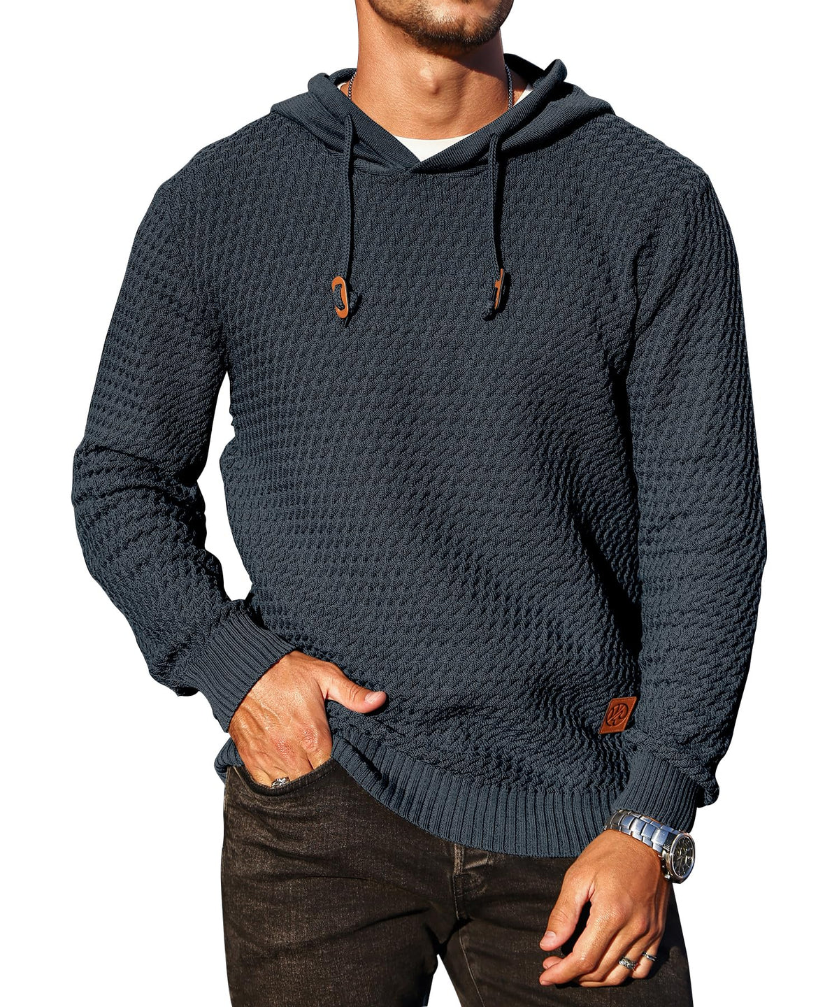 Men's Hoodie Pullover Casual Solid Waffle Knit Hooded Sweatshirt