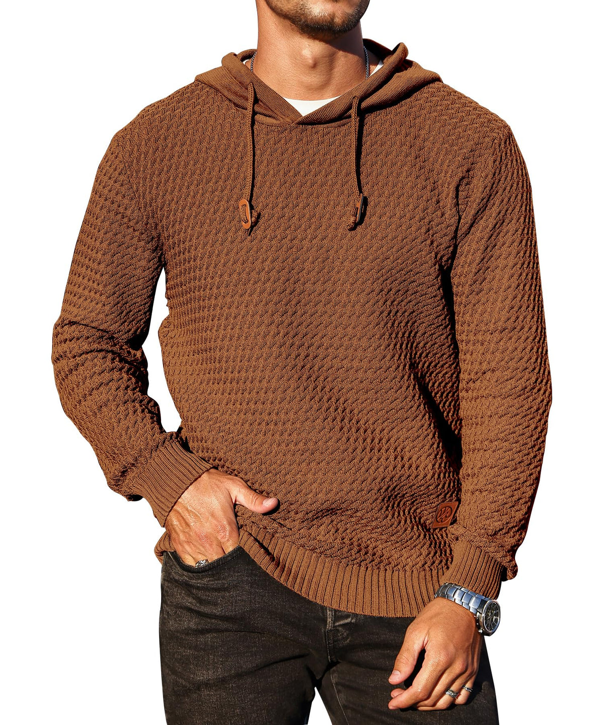 Men's Hoodie Pullover Casual Solid Waffle Knit Hooded Sweatshirt